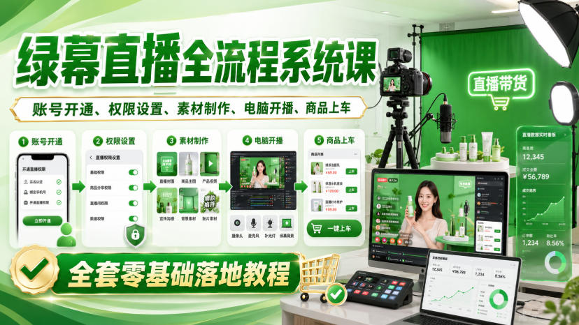 绿幕直播全流程系统课，账号开通、权限设置、素材制作、电脑开播、商品上车全套零基础落地教程-米壳知道—知识分享平台
