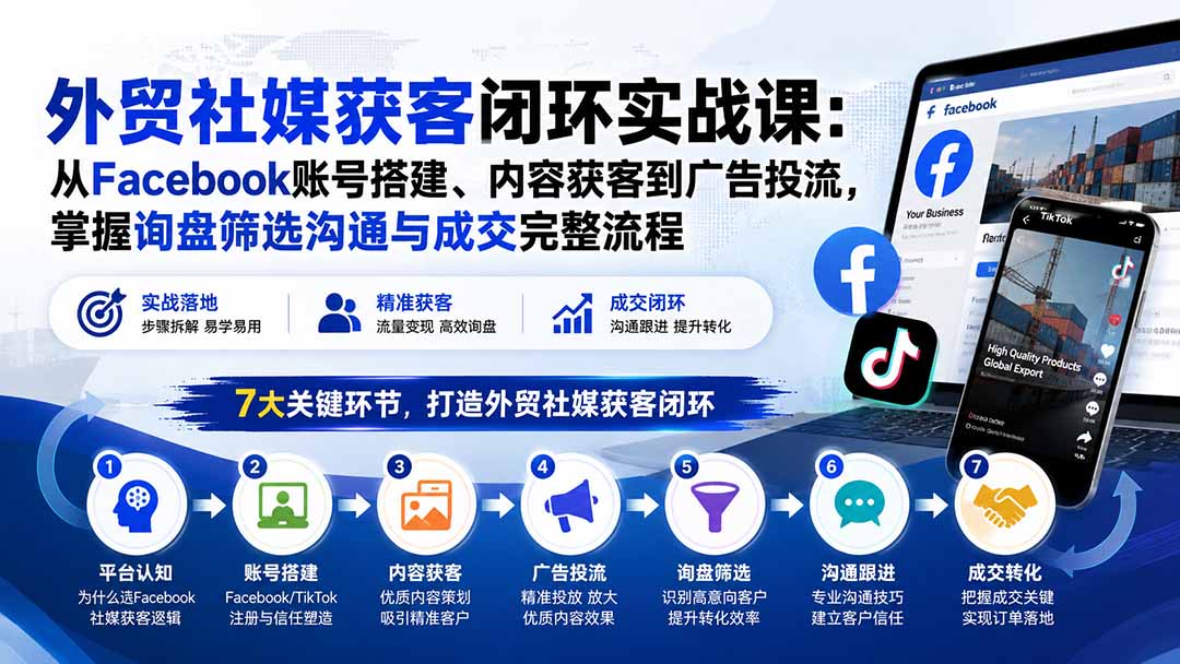外贸社媒获客闭环实战课:从Facebook账号搭建、内容获客到广告投流,掌握询盘筛选沟通与成交完整流程-米壳知道—知识分享平台
