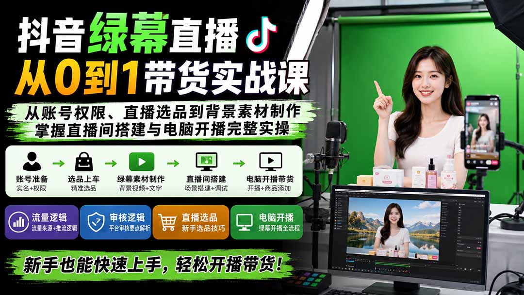 抖音绿幕直播从0到1带货实战课：从账号权限、直播选品到背景素材制作，掌握直播间搭建与电脑开播完整实操-米壳知道—知识分享平台