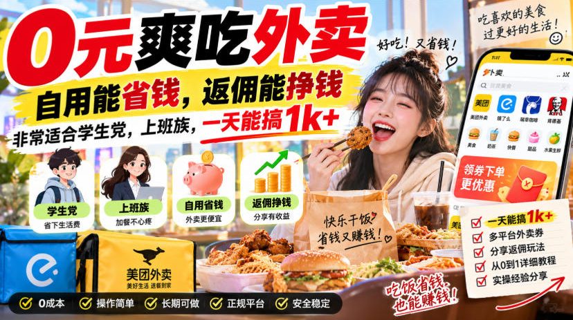 0元爽吃外卖，自用能省钱，返佣能挣钱，非常适合学生党，上班族，一天能搞1k+-米壳知道—知识分享平台