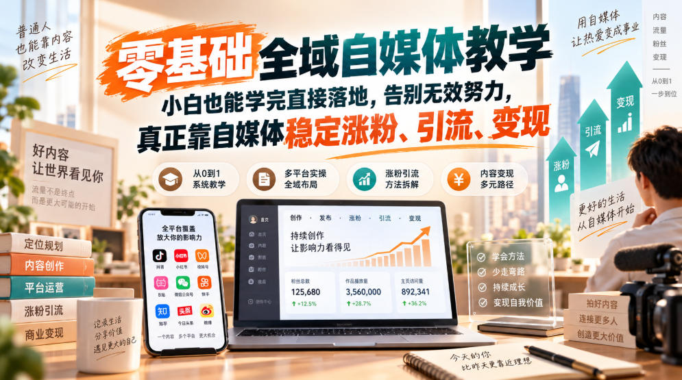 零基础全域自媒体教学，小白也能学完直接落地，告别无效努力，真正靠自媒体稳定涨粉、引流、变现-米壳知道—知识分享平台
