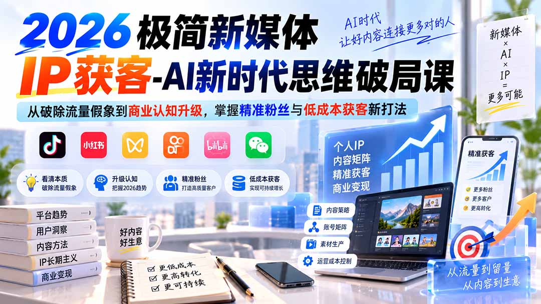 2026极简新媒体IP获客-AI新时代思维破局课：从破除流量假象到商业认知升级，掌握精准粉丝与低成本获客新打法-米壳知道—知识分享平台