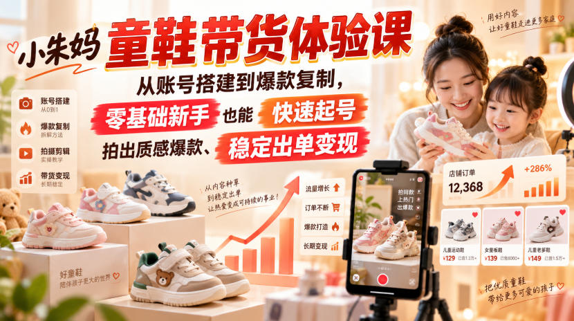 小朱妈童鞋带货体验课，从账号搭建到爆款复制，零基础新手也能快速起号、拍出质感爆款、稳定出单变现-米壳知道—知识分享平台