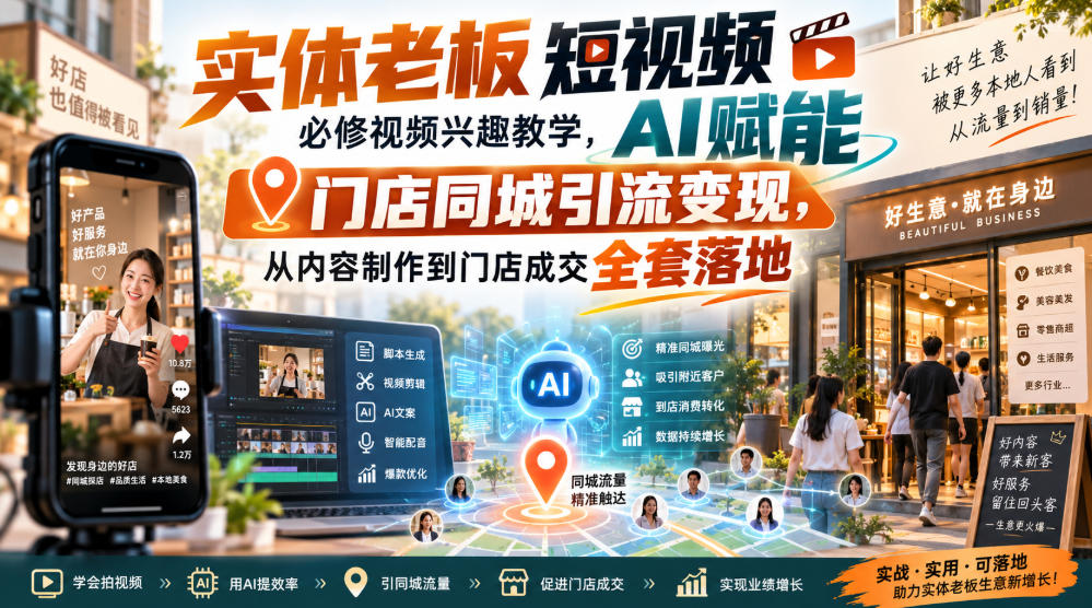 实体老板短视频必修视频兴趣教学，AI赋能门店同城引流变现，AI+短视频+直播打爆实体客流量-米壳知道—知识分享平台