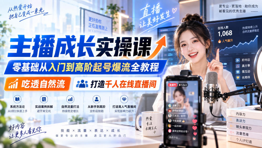 主播成长实操课｜零基础从入门到高阶起号爆流全教程，吃透自然流，打造千人在线直播间-米壳知道—知识分享平台