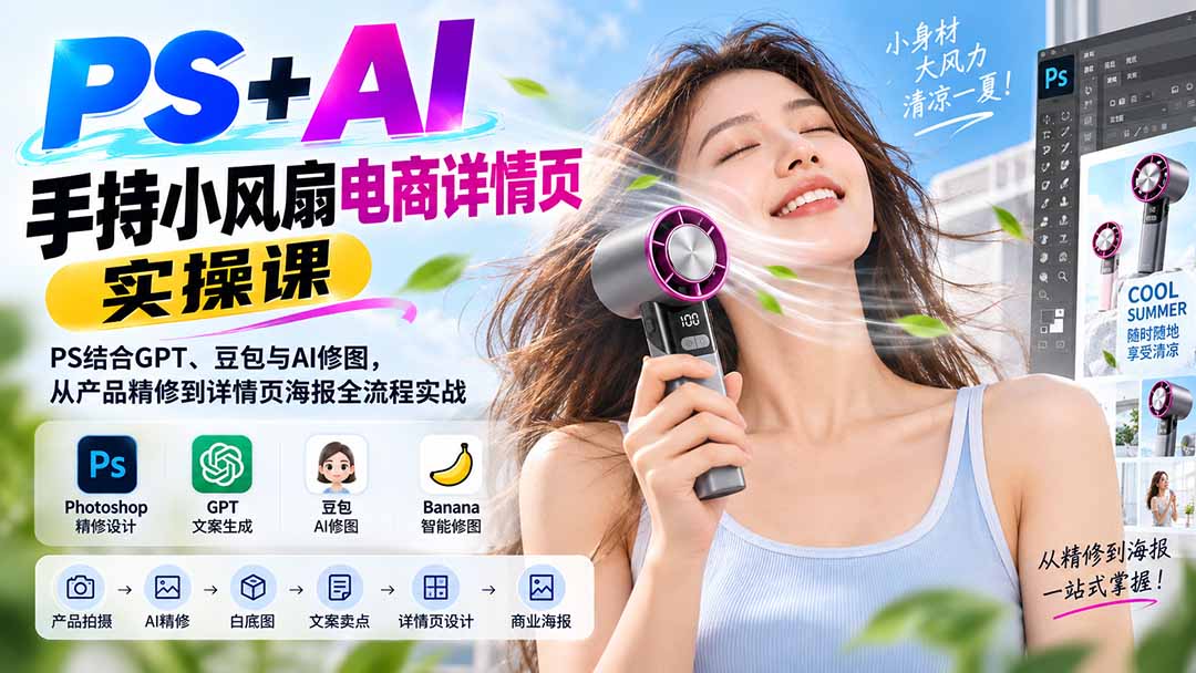 PS+AI手持小风扇电商详情页实操课：PS结合GPT、豆包与AI修图，从产品精修到详情页海报全流程实战-米壳知道—知识分享平台