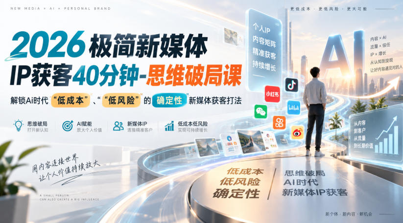 2026极简新媒体IP获客40分钟-思维破局课，解锁Ai时代“低成本”、“低风险”的确定性新媒体获客打法-米壳知道—知识分享平台