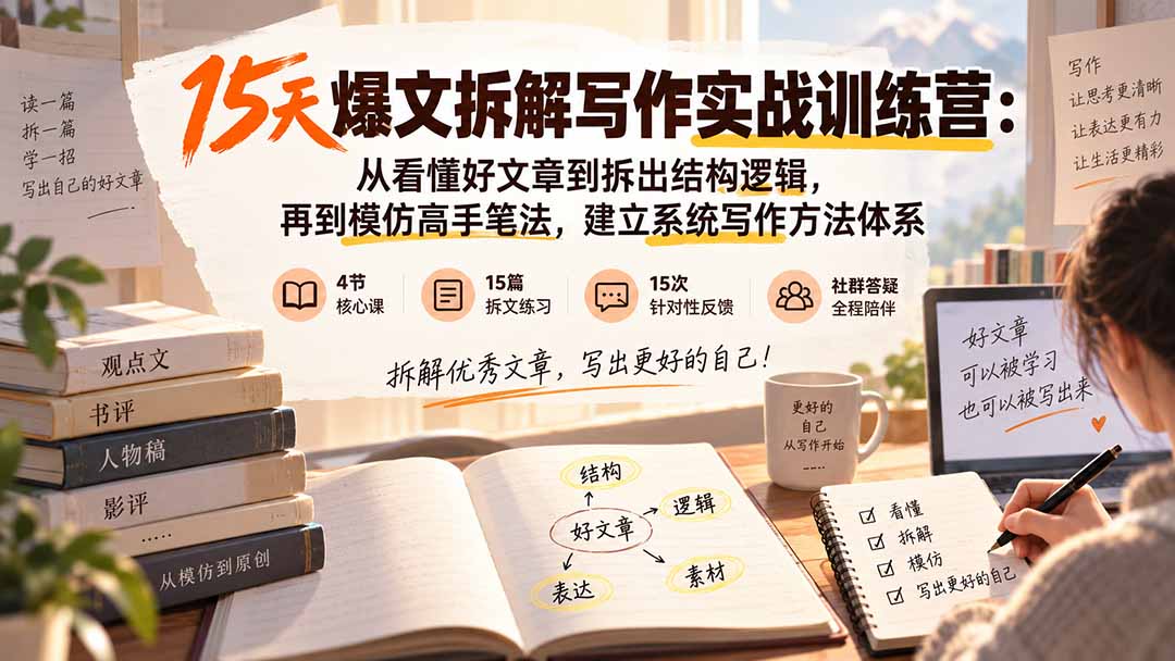 15天爆文拆解写作实战训练营：从看懂好文章到拆出结构逻辑，再到模仿高手笔法，建立系统写作方法体系-米壳知道—知识分享平台