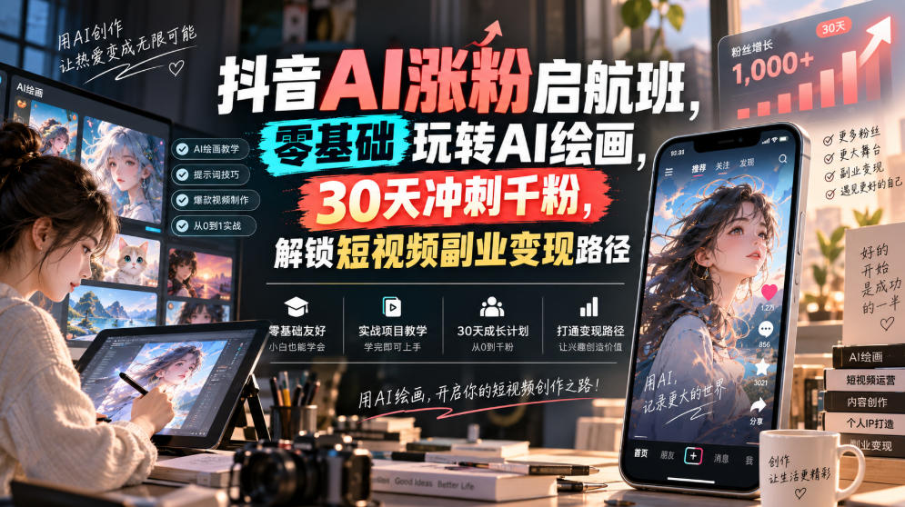 抖音AI涨粉启航班,零基础玩转AI绘画,30天冲刺千粉,解锁短视频副业变现路径-米壳知道—知识分享平台