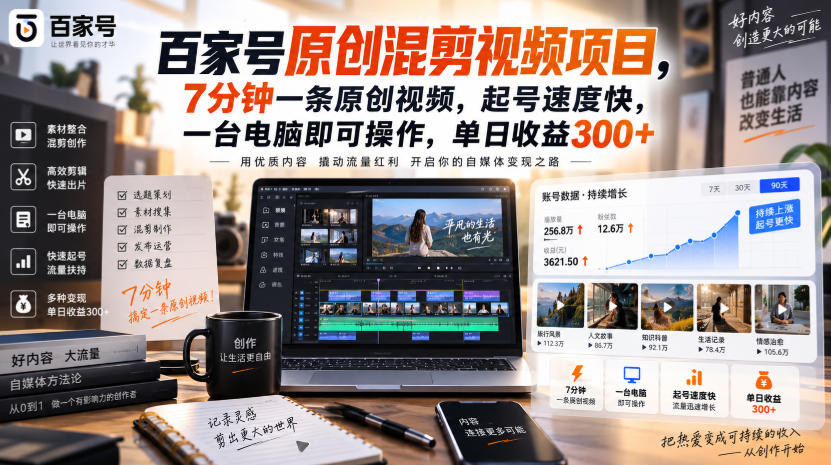 百家号原创混剪视频项目，7分钟一条原创视频，起号速度快，一台电脑即可操作，单日收益300+-米壳知道—知识分享平台