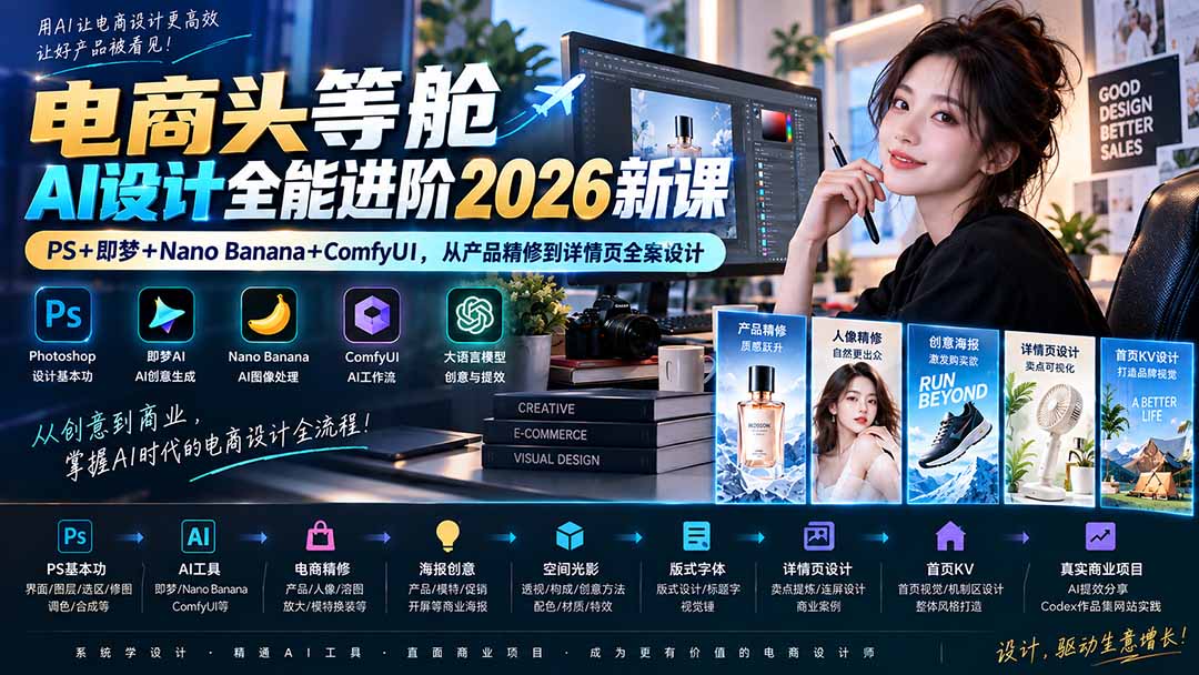 电商头等舱AI设计全能进阶2026新课：PS+即梦+Nano Banana+ComfyUI，从产品精修到详情页全案设计-米壳知道—知识分享平台