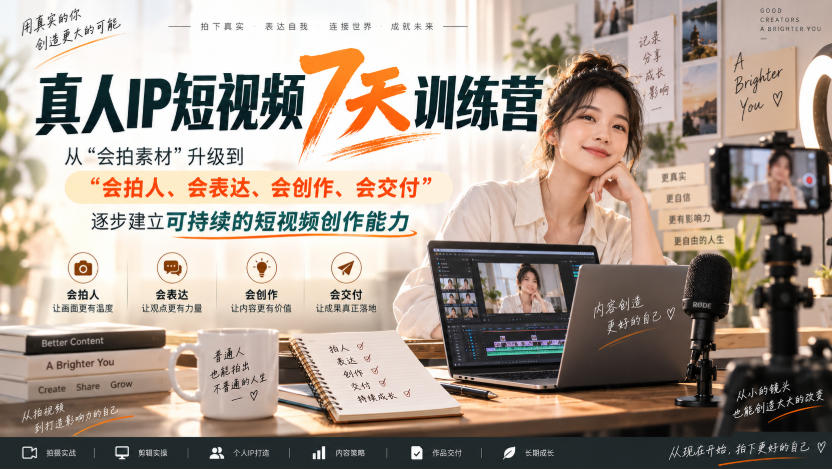 真人IP短视频7天训练营，从“会拍素材”升级到“会拍人、会表达、会创作、会交付”，逐步建立可持续的短视频创作能力-米壳知道—知识分享平台