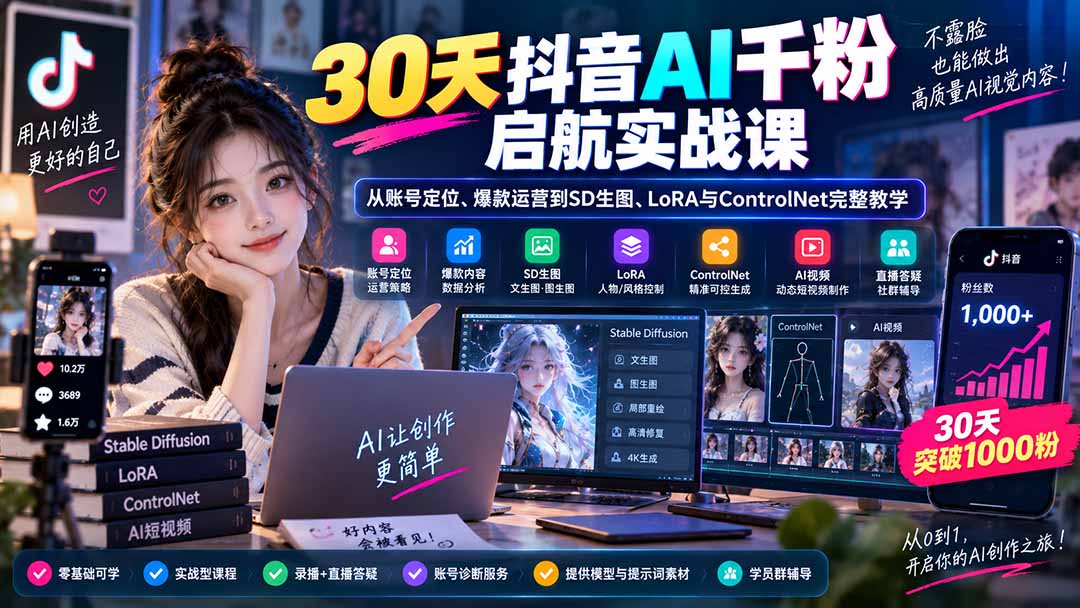 30天抖音AI千粉启航实战课：从账号定位、爆款运营到SD生图、LoRA与ControlNet完整教学-米壳知道—知识分享平台