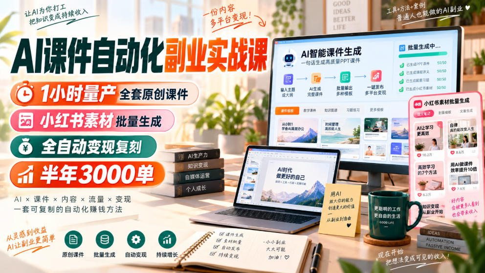 AI课件自动化副业实战课，1小时量产全套原创课件，小红书素材批量生成，全自动变现复刻，半年3000单-米壳知道—知识分享平台