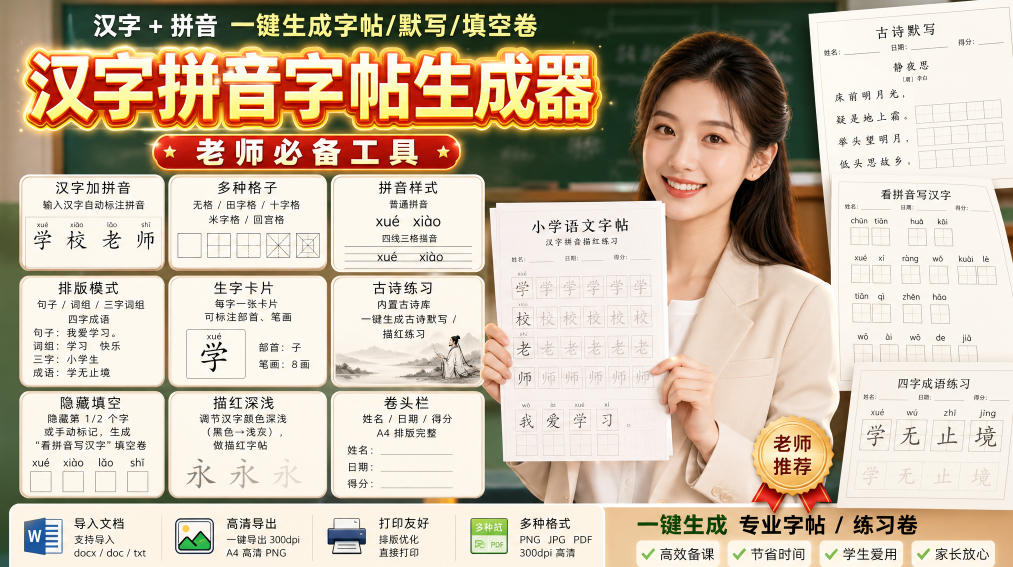 学习神器，汉字拼音字帖生成器，汉字+拼音 一键生成字帖/默写/填空卷，支持词组、成语，老师、家长必备-米壳知道—知识分享平台