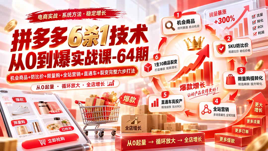 拼多多6杀1技术从0到爆实战课-64期：机会商品+防比价+限量购+全站营销+直通车+裂变完整六步打法-米壳知道—知识分享平台