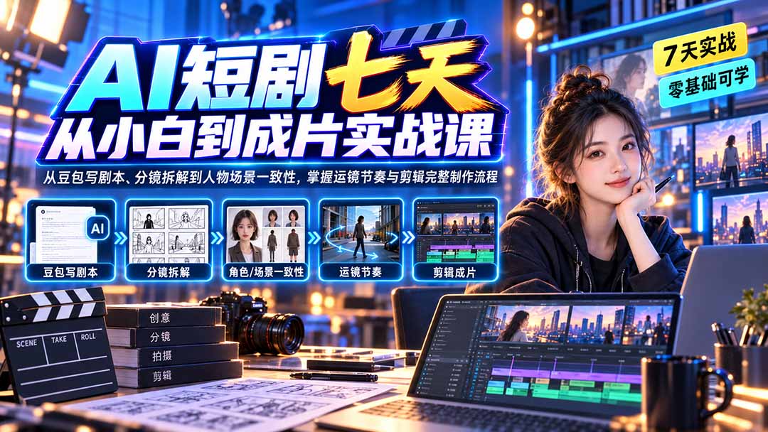 AI短剧七天从小白到成片实战课：从豆包写剧本、分镜拆解到人物场景一致性，掌握运镜节奏与剪辑完整制作流程-米壳知道—知识分享平台