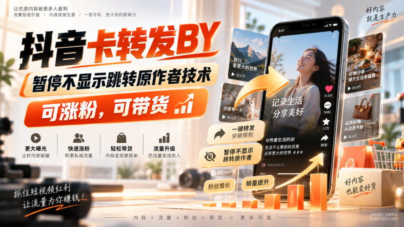 抖音卡转发搬运，暂停不显示跳转原作者技术，可涨粉，可带货-米壳知道—知识分享平台