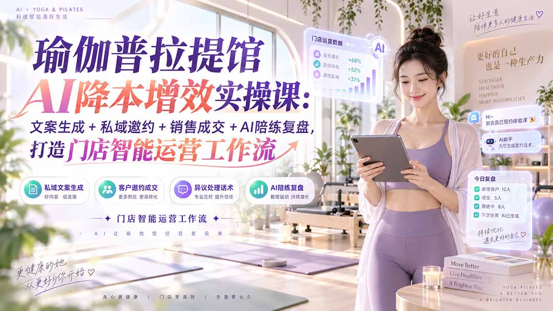 瑜伽普拉提馆AI降本增效实操课：文案生成+私域邀约+销售成交+AI陪练复盘，打造门店智能运营工作流-米壳知道—知识分享平台