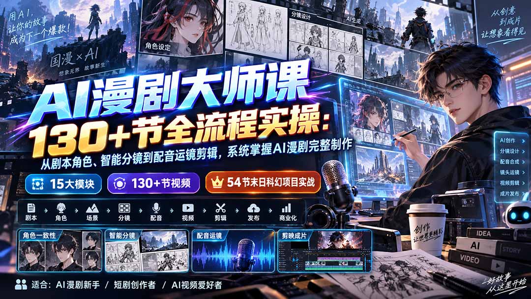 AI漫剧大师课130+节全流程实操：从剧本角色、智能分镜到配音运镜剪辑，系统掌握AI漫剧完整制作-米壳知道—知识分享平台