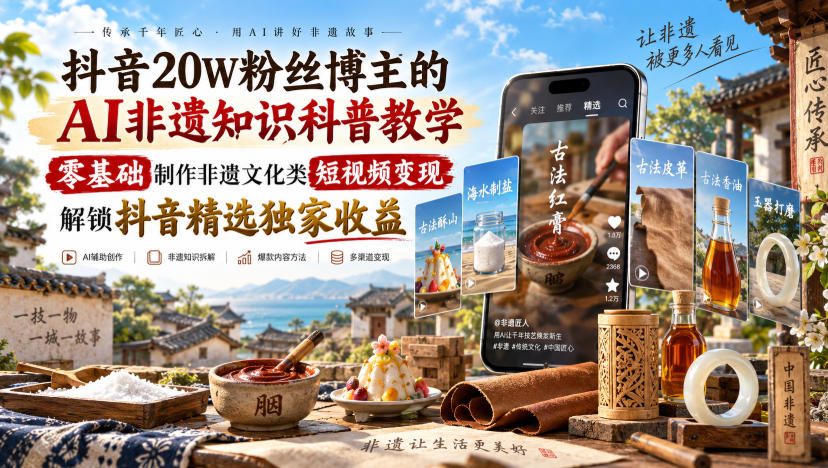 抖音20W粉丝博主的AI非遗知识科普教学，零基础制作非遗文化类短视频变现，解锁抖音精选独家收益-米壳知道—知识分享平台