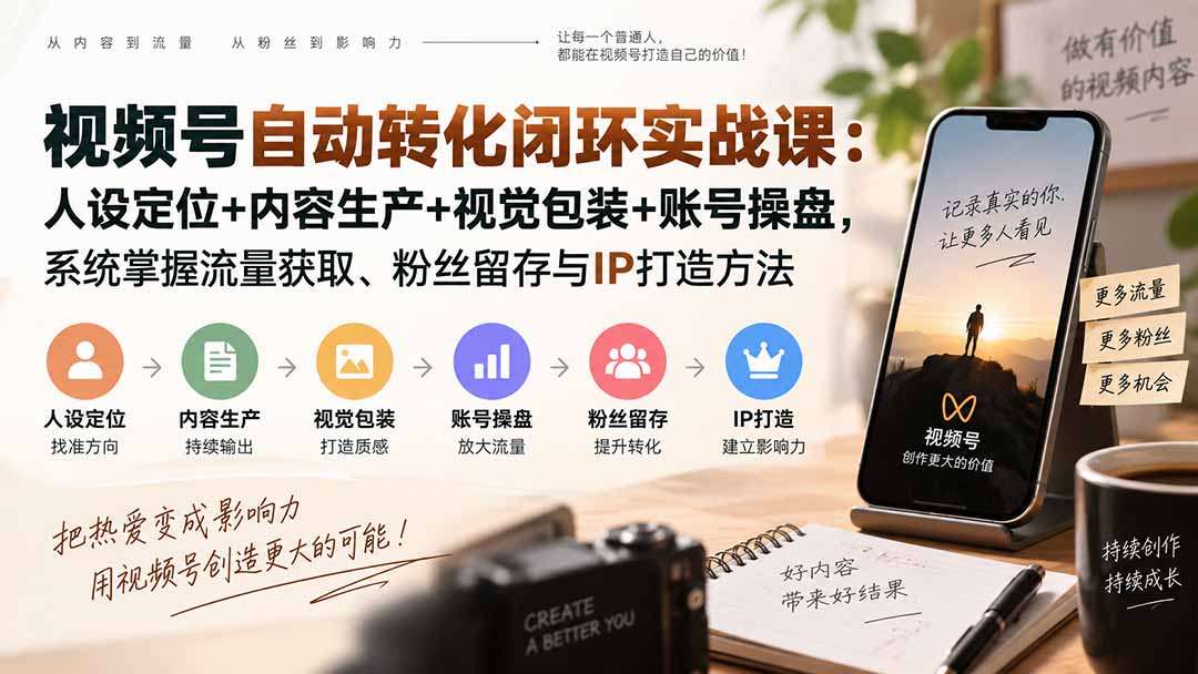 视频号自动转化闭环实战课：人设定位+内容生产+视觉包装+账号操盘，系统掌握流量获取、粉丝留存与IP打造方法-米壳知道—知识分享平台
