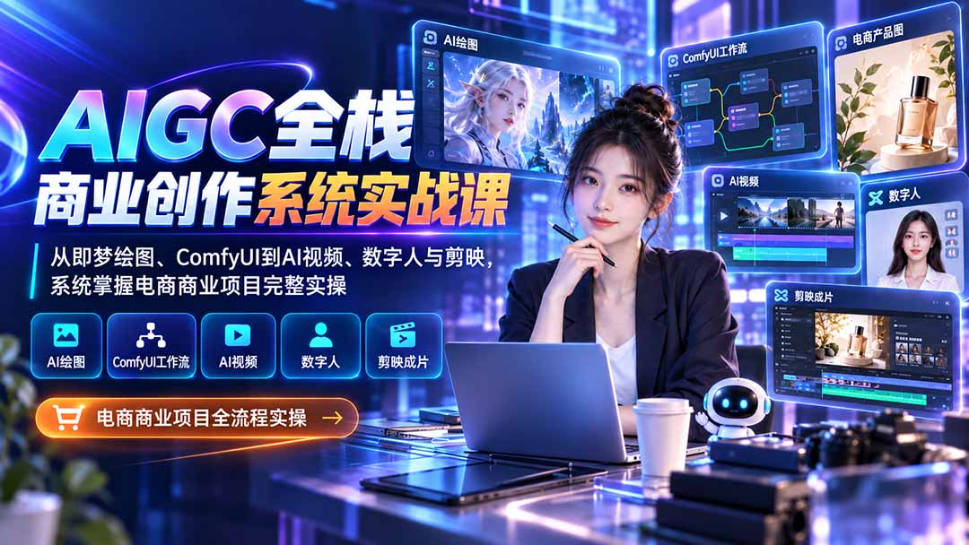 AIGC全栈商业创作系统实战课：从即梦绘图、ComfyUI到AI视频、数字人与剪映，系统掌握电商商业项目完整实操-米壳知道—知识分享平台