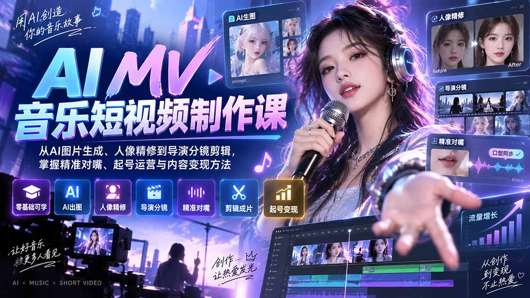 AI MV音乐短视频制作课：从AI图片生成、人像精修到导演分镜剪辑，掌握精准对嘴、起号运营与内容变现方法-米壳知道—知识分享平台