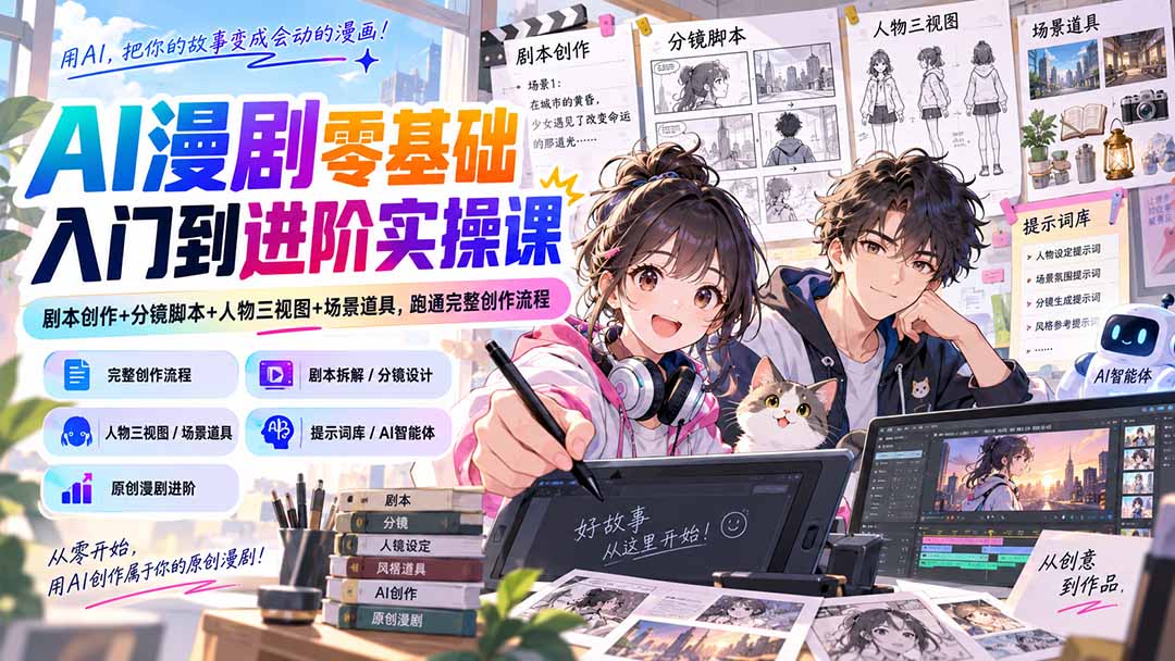 AI漫剧零基础入门到进阶实操课：剧本创作+分镜脚本+人物三视图+场景道具，跑通完整创作流程-米壳知道—知识分享平台