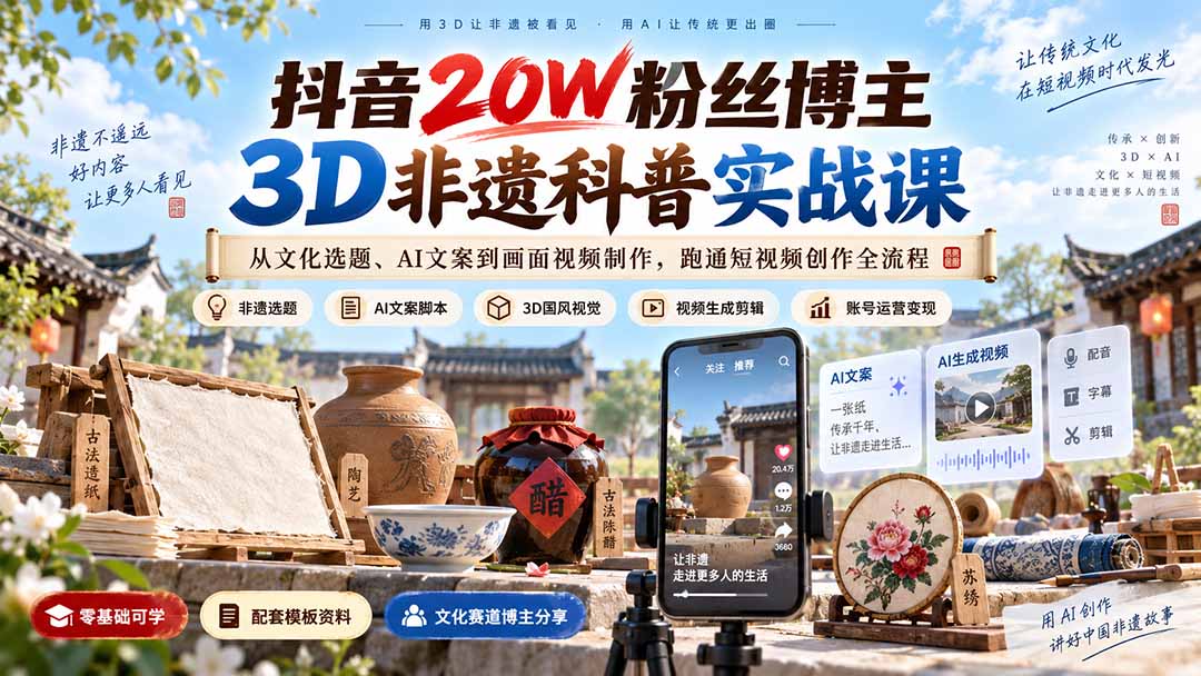 抖音20W粉丝博主3D非遗科普实战课：从文化选题、AI文案到画面视频制作，跑通短视频创作全流程-米壳知道—知识分享平台