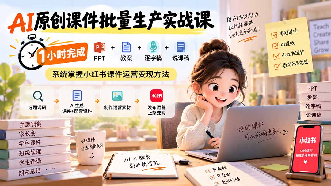 AI原创课件批量生产实战课：1小时完成PPT+教案+逐字稿+说课稿，系统掌握小红书课件运营变现方法-米壳知道—知识分享平台