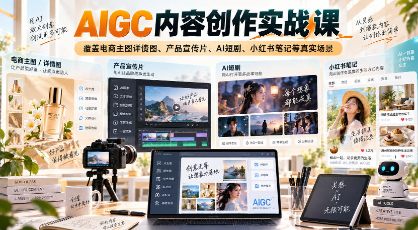 AIGC内容创作实战课，覆盖电商主图详情图、产品宣传片、AI短剧、小红书笔记等真实场景-米壳知道—知识分享平台