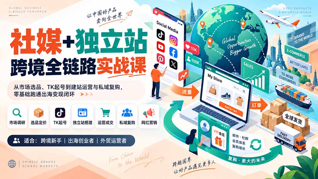 社媒+独立站跨境全链路实战课：从市场选品、TK起号到建站运营与私域复购，零基础跑通出海变现闭环-米壳知道—知识分享平台
