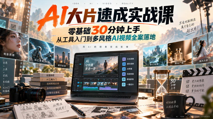 AI大片速成实战课｜零基础30分钟上手，从工具入门到多风格AI视频全案落地​-米壳知道—知识分享平台