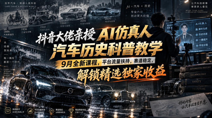 抖音大佬亲授AI仿真人汽车历史科普教学，9月全新课程，平台流量扶持，赛道稳定，解锁精选独家收益-米壳知道—知识分享平台
