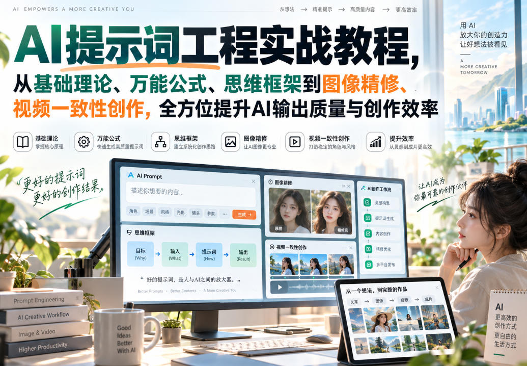 AI提示词工程实战教程，从基础理论、万能公式、思维框架到图像精修、视频一致性创作，全方位提升AI输出质量与创作效率-米壳知道—知识分享平台