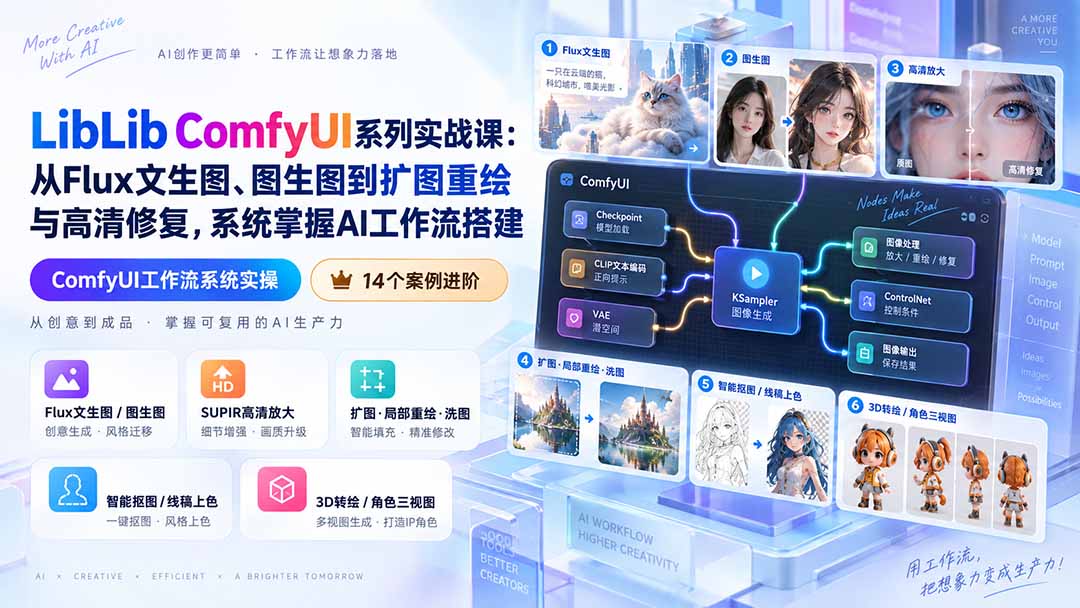 LibLib ComfyUI系列实战课：从Flux文生图、图生图到扩图重绘与高清修复，系统掌握AI工作流搭建-米壳知道—知识分享平台