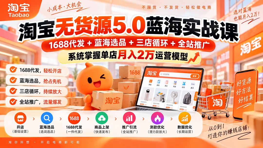 淘宝无货源5.0蓝海实战课-更新：1688代发+蓝海选品+三店循环+全站推广，系统掌握单店月入2万运营模型-米壳知道—知识分享平台