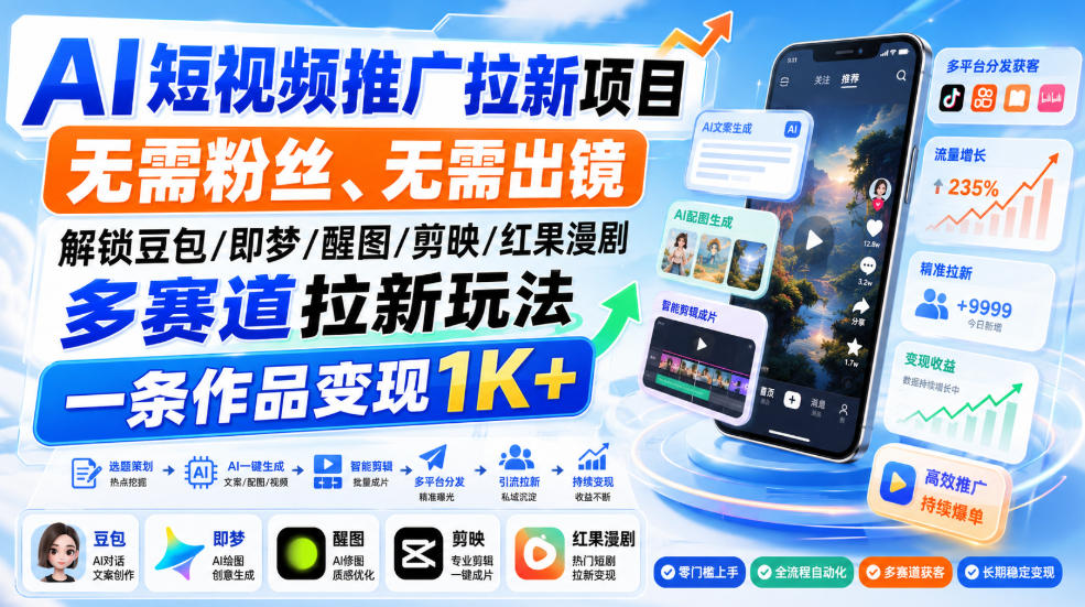 AI短视频推广拉新项目，无需粉丝、无需出镜，解锁豆包/即梦/醒图/剪映/红果漫剧多赛道拉新玩法，一条作品变现1K+(更新0910)-米壳知道—知识分享平台