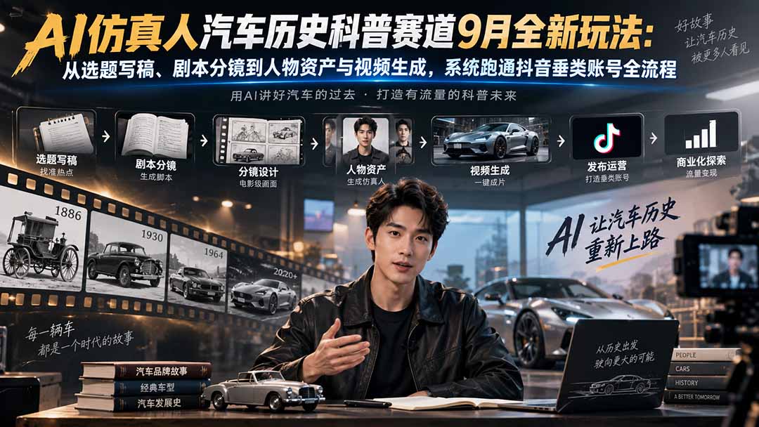 AI仿真人汽车历史科普赛道9月全新玩法：从选题写稿、剧本分镜到人物资产与视频生成，系统跑通抖音垂类账号全流程-米壳知道—知识分享平台