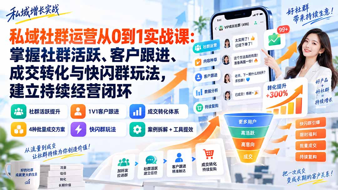 私域社群运营从0到1实战课:掌握社群活跃、客户跟进、成交转化与快闪群玩法,建立持续经营闭环-米壳知道—知识分享平台