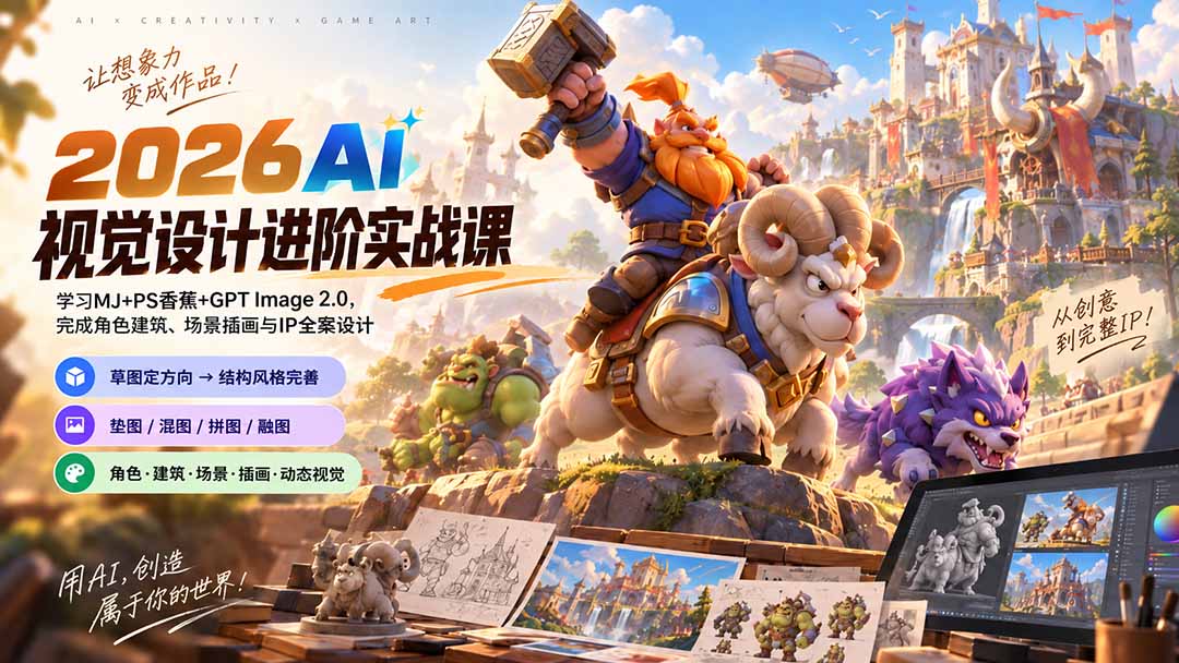 2026AI视觉设计进阶实战课-更新：学习MJ+PS香蕉+GPT Image 2.0，完成角色建筑、场景插画与IP全案设计-米壳知道—知识分享平台