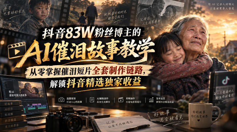 抖音83W粉丝博主的AI催泪故事教学,从零掌握催泪短片全套制作链路,解锁抖音精选独家收益-米壳知道—知识分享平台