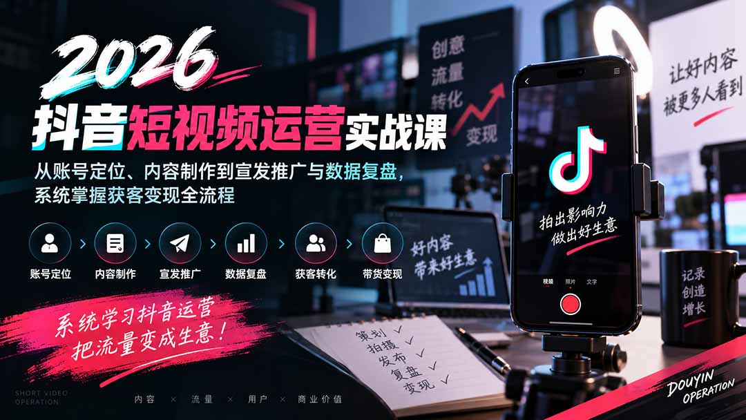 2026抖音短视频运营实战课：从账号定位、内容制作到宣发推广与数据复盘，系统掌握获客变现全流程-米壳知道—知识分享平台