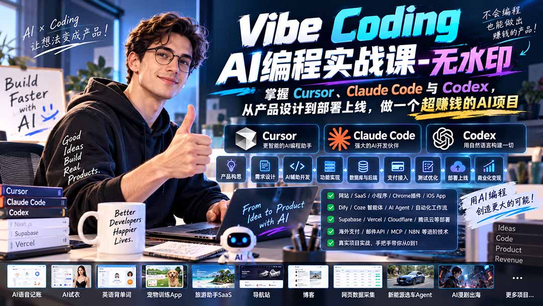 Vibe Coding AI编程实战课-无水印：掌握Cursor、Claude Code与Codex，从产品设计到部署上线，做一个超赚钱的AI项目-米壳知道—知识分享平台