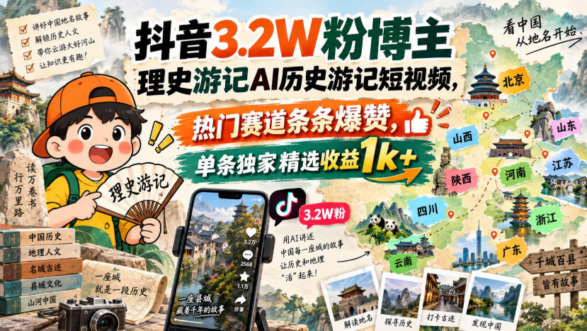 抖音3.2W粉博主理史游记AI历史游记短视频教学，热门赛道条条爆赞，单条独家精选收益1k+-米壳知道—知识分享平台