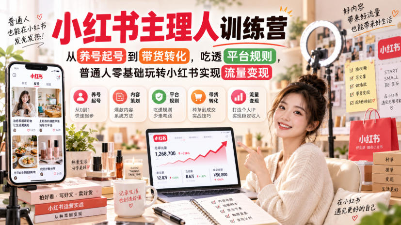 小红书主理人训练营，从养号起号到带货转化，吃透平台规则，普通人零基础玩转小红书实现流量变现-米壳知道—知识分享平台