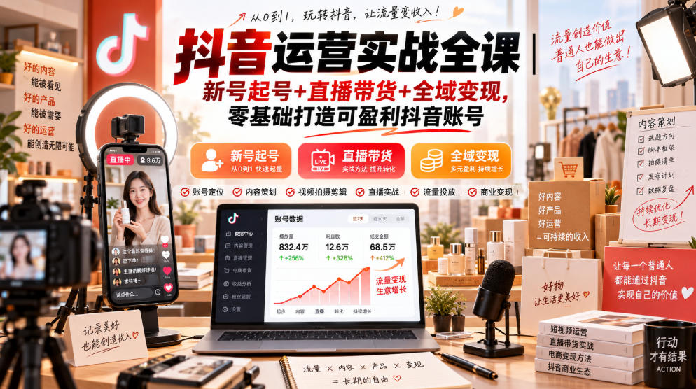 抖音运营实战全课｜新号起号+直播带货+全域变现，零基础打造可盈利抖音账号-米壳知道—知识分享平台