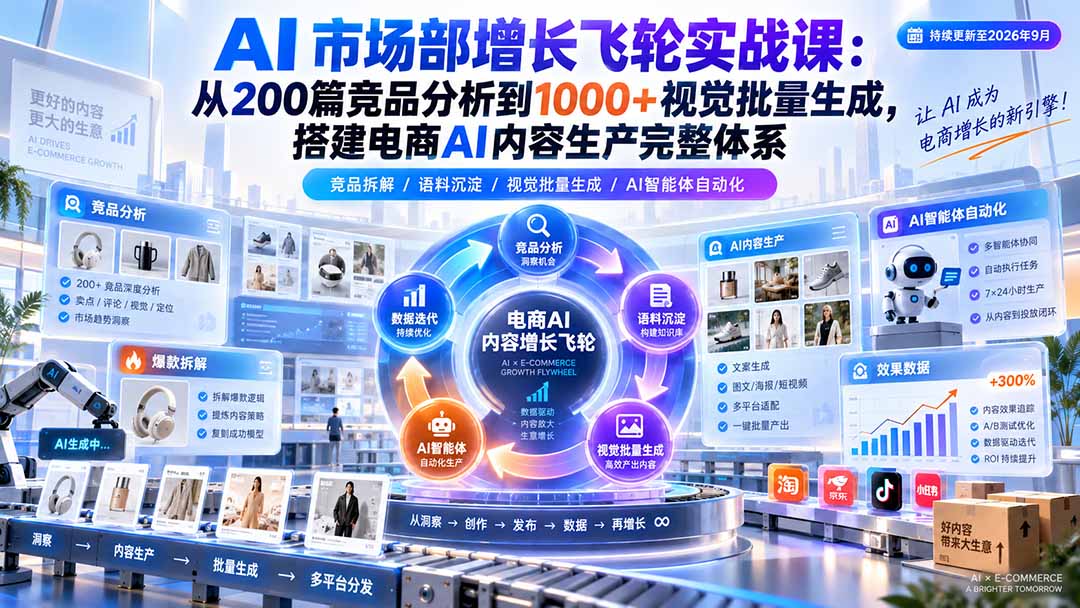 AI 市场部增长飞轮实战课：从200篇竞品分析到1000+视觉批量生成，搭建电商AI内容生产完整体系-米壳知道—知识分享平台