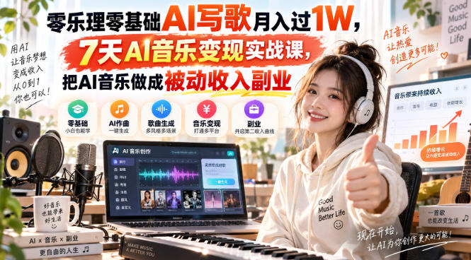 零乐理零基础AI写歌月入过1W，7天AI音乐变现实战课，把AI音乐做成被动收入副业-米壳知道—知识分享平台